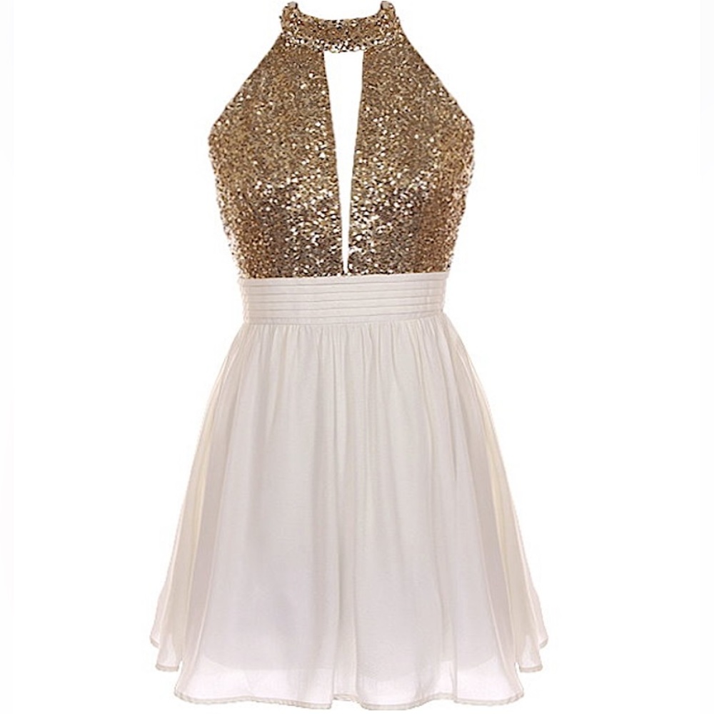 RICKETY RACK #53 Sparkling Gold White Sequin Halter Dress S M L